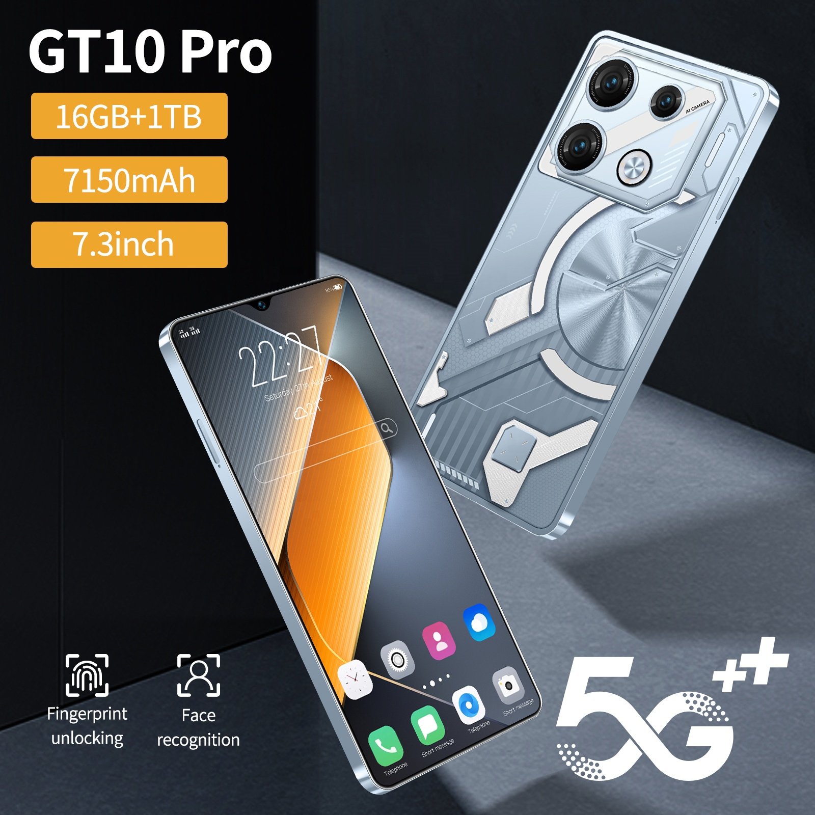 Hot Selling original 5G smartphone GT10 pro 7.3 inch Face Unlock 16GB+1TB mobilephone High quality Android14 Cellphone